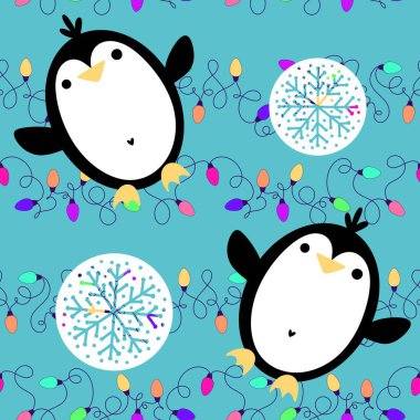 Noel hayvanları kağıt, kumaş, çarşaf, çocuk giysisi baskısı, yeni yıl ambalajı ve Noel kış ambalajı için kusursuz penguen desenleri. Yüksek kaliteli illüstrasyon