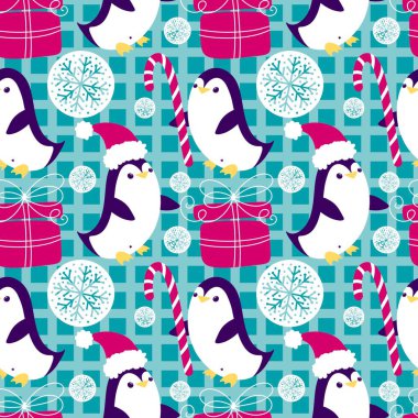 Noel hayvanları kağıt, kumaş, çarşaf, çocuk giysisi baskısı, yeni yıl ambalajı ve Noel kış ambalajı için kusursuz penguen desenleri. Yüksek kaliteli illüstrasyon