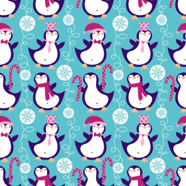 Noel hayvanları kağıt, kumaş, çarşaf, çocuk giysisi baskısı, yeni yıl ambalajı ve Noel kış ambalajı için kusursuz penguen desenleri. Yüksek kaliteli illüstrasyon