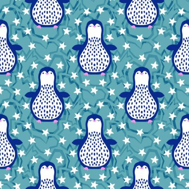 Noel hayvanları kağıt, kumaş, çarşaf, çocuk giysisi baskısı, yeni yıl ambalajı ve Noel kış ambalajı için kusursuz penguen desenleri. Yüksek kaliteli illüstrasyon