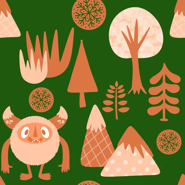 Kış canavarları, kağıt, kumaş, çarşaf ve çocuk giysileri baskısı ve yeni yıl ambalajı için kusursuz Noel Yeti desenleri. Yüksek kaliteli illüstrasyon