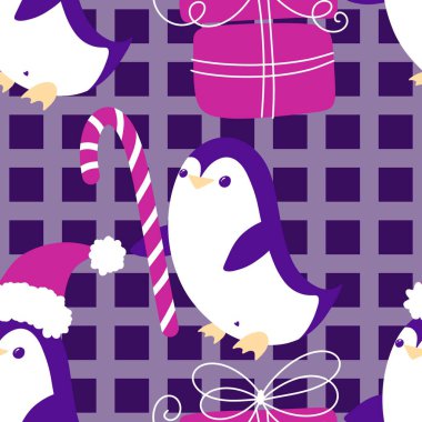 Noel hayvanları kağıt, kumaş, çarşaf, çocuk giysisi baskısı, yeni yıl ambalajı ve Noel kış ambalajı için kusursuz penguen desenleri. Yüksek kaliteli illüstrasyon