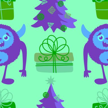 Kış canavarları, kağıt, kumaş, çarşaf ve çocuk giysileri baskısı ve yeni yıl ambalajı için kusursuz Noel Yeti desenleri. Yüksek kaliteli illüstrasyon