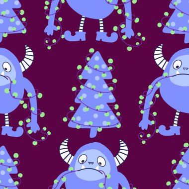 Kış canavarları, kağıt, kumaş, çarşaf ve çocuk giysileri baskısı ve yeni yıl ambalajı için kusursuz Noel Yeti desenleri. Yüksek kaliteli illüstrasyon