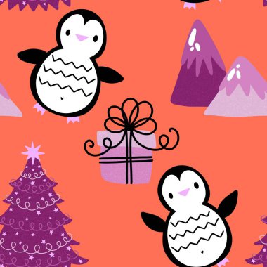 Noel hayvanları kağıt, kumaş, çarşaf, çocuk giysisi baskısı, yeni yıl ambalajı ve Noel kış ambalajı için kusursuz penguen desenleri. Yüksek kaliteli illüstrasyon