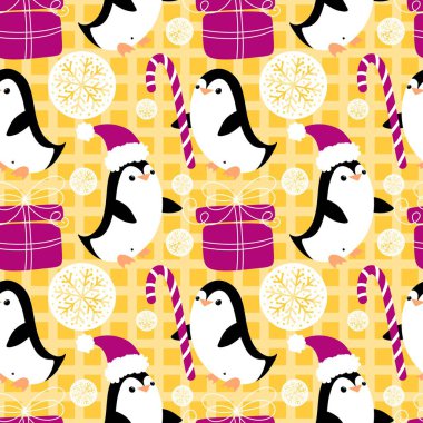 Noel hayvanları kağıt, kumaş, çarşaf, çocuk giysisi baskısı, yeni yıl ambalajı ve Noel kış ambalajı için kusursuz penguen desenleri. Yüksek kaliteli illüstrasyon
