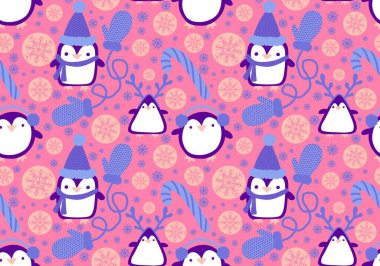 Noel hayvanları kağıt, kumaş, çarşaf, çocuk giysisi baskısı, yeni yıl ambalajı ve Noel kış ambalajı için kusursuz penguen desenleri. Yüksek kaliteli illüstrasyon