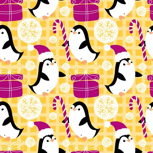 Noel hayvanları kağıt, kumaş, çarşaf, çocuk giysisi baskısı, yeni yıl ambalajı ve Noel kış ambalajı için kusursuz penguen desenleri. Yüksek kaliteli illüstrasyon