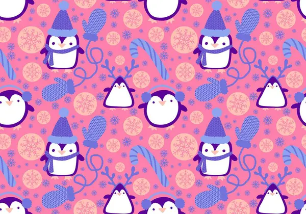 Noel hayvanları kağıt, kumaş, çarşaf, çocuk giysisi baskısı, yeni yıl ambalajı ve Noel kış ambalajı için kusursuz penguen desenleri. Yüksek kaliteli illüstrasyon