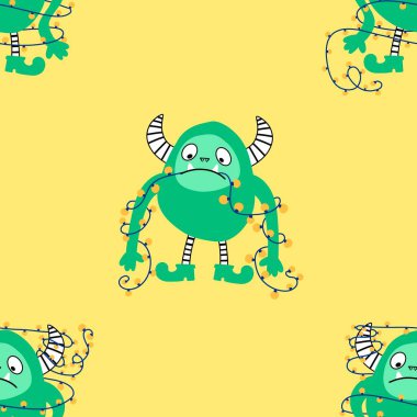 Kış canavarları, kağıt, kumaş, çarşaf ve çocuk giysileri baskısı ve yeni yıl ambalajı için kusursuz Noel Yeti desenleri. Yüksek kaliteli illüstrasyon