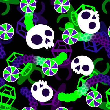 Çizgi film cadılar bayramı şekersiz kafatası ve kumaş ambalajı için lolipop deseni ve çocuk giysileri baskısı ve şenlik ambalajı ve sonbahar aksesuarları. Yüksek kaliteli illüstrasyon