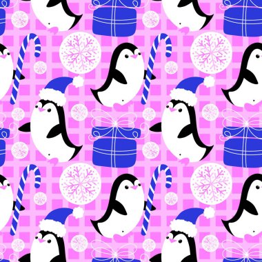 Noel hayvanları kağıt, kumaş, çarşaf, çocuk giysisi baskısı, yeni yıl ambalajı ve Noel kış ambalajı için kusursuz penguen desenleri. Yüksek kaliteli illüstrasyon