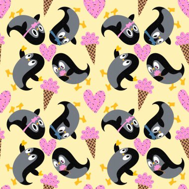 Noel hayvanları kağıt, kumaş, çarşaf, çocuk giysisi baskısı, yeni yıl ambalajı ve Noel kış ambalajı için kusursuz penguen desenleri. Yüksek kaliteli illüstrasyon