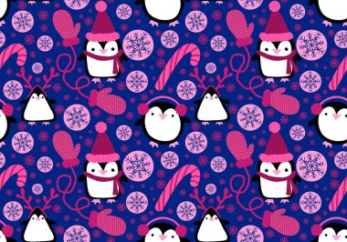 Noel hayvanları kağıt, kumaş, çarşaf, çocuk giysisi baskısı, yeni yıl ambalajı ve Noel kış ambalajı için kusursuz penguen desenleri. Yüksek kaliteli illüstrasyon