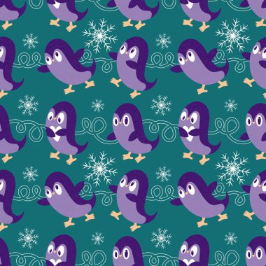 Noel hayvanları kağıt, kumaş, çarşaf, çocuk giysisi baskısı, yeni yıl ambalajı ve Noel kış ambalajı için kusursuz penguen desenleri. Yüksek kaliteli illüstrasyon