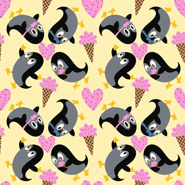 Noel hayvanları kağıt, kumaş, çarşaf, çocuk giysisi baskısı, yeni yıl ambalajı ve Noel kış ambalajı için kusursuz penguen desenleri. Yüksek kaliteli illüstrasyon