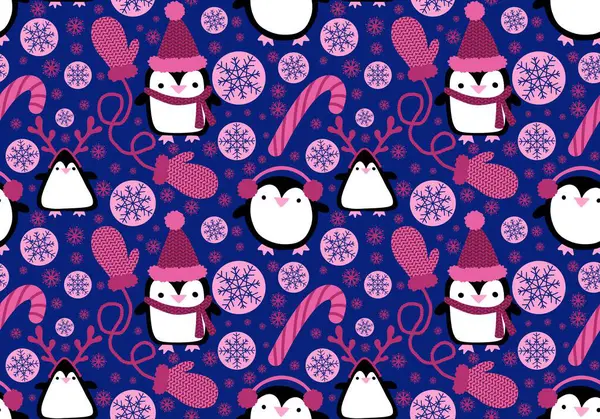 Noel hayvanları kağıt, kumaş, çarşaf, çocuk giysisi baskısı, yeni yıl ambalajı ve Noel kış ambalajı için kusursuz penguen desenleri. Yüksek kaliteli illüstrasyon