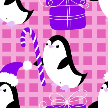 Noel hayvanları kağıt, kumaş, çarşaf, çocuk giysisi baskısı, yeni yıl ambalajı ve Noel kış ambalajı için kusursuz penguen desenleri. Yüksek kaliteli illüstrasyon