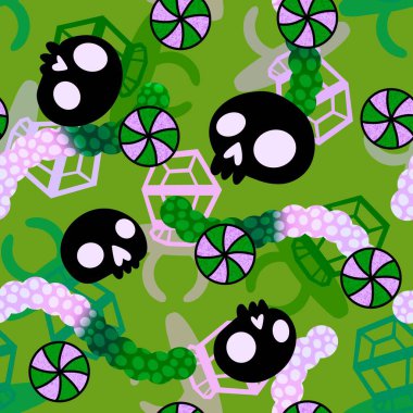 Çizgi film cadılar bayramı şekersiz kafatası ve kumaş ambalajı için lolipop deseni ve çocuk giysileri baskısı ve şenlik ambalajı ve sonbahar aksesuarları. Yüksek kaliteli illüstrasyon