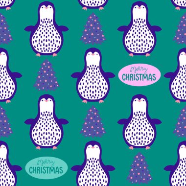 Noel hayvanları kağıt, kumaş, çarşaf, çocuk giysisi baskısı, yeni yıl ambalajı ve Noel kış ambalajı için kusursuz penguen desenleri. Yüksek kaliteli illüstrasyon