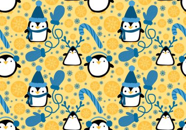 Noel hayvanları kağıt, kumaş, çarşaf, çocuk giysisi baskısı, yeni yıl ambalajı ve Noel kış ambalajı için kusursuz penguen desenleri. Yüksek kaliteli illüstrasyon