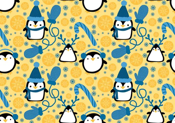 Noel hayvanları kağıt, kumaş, çarşaf, çocuk giysisi baskısı, yeni yıl ambalajı ve Noel kış ambalajı için kusursuz penguen desenleri. Yüksek kaliteli illüstrasyon