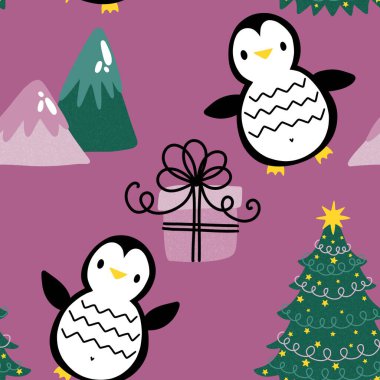 Noel hayvanları kağıt, kumaş, çarşaf, çocuk giysisi baskısı, yeni yıl ambalajı ve Noel kış ambalajı için kusursuz penguen desenleri. Yüksek kaliteli illüstrasyon