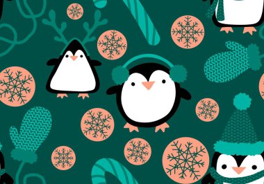 Noel hayvanları kağıt, kumaş, çarşaf, çocuk giysisi baskısı, yeni yıl ambalajı ve Noel kış ambalajı için kusursuz penguen desenleri. Yüksek kaliteli illüstrasyon