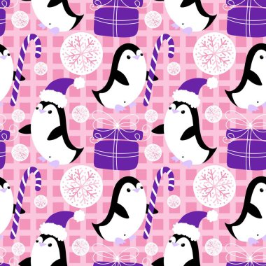 Noel hayvanları kağıt, kumaş, çarşaf, çocuk giysisi baskısı, yeni yıl ambalajı ve Noel kış ambalajı için kusursuz penguen desenleri. Yüksek kaliteli illüstrasyon