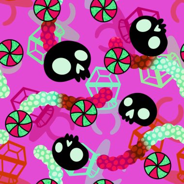 Çizgi film cadılar bayramı şekersiz kafatası ve kumaş ambalajı için lolipop deseni ve çocuk giysileri baskısı ve şenlik ambalajı ve sonbahar aksesuarları. Yüksek kaliteli illüstrasyon