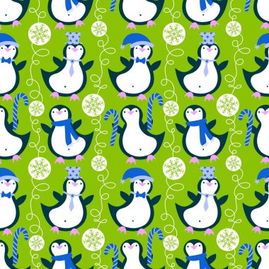 Noel hayvanları kağıt, kumaş, çarşaf, çocuk giysisi baskısı, yeni yıl ambalajı ve Noel kış ambalajı için kusursuz penguen desenleri. Yüksek kaliteli illüstrasyon
