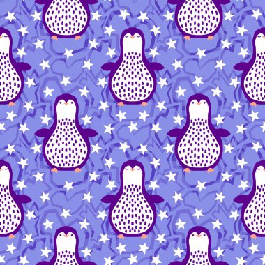 Noel hayvanları kağıt, kumaş, çarşaf, çocuk giysisi baskısı, yeni yıl ambalajı ve Noel kış ambalajı için kusursuz penguen desenleri. Yüksek kaliteli illüstrasyon