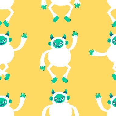 Kış canavarları, kağıt, kumaş, çarşaf ve çocuk giysileri baskısı ve yeni yıl ambalajı için kusursuz Noel Yeti desenleri. Yüksek kaliteli illüstrasyon