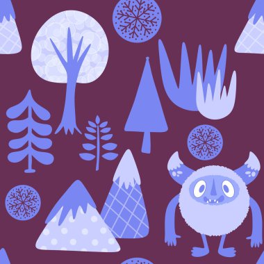 Kış canavarları, kağıt, kumaş, çarşaf ve çocuk giysileri baskısı ve yeni yıl ambalajı için kusursuz Noel Yeti desenleri. Yüksek kaliteli illüstrasyon