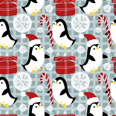 Noel hayvanları kağıt, kumaş, çarşaf, çocuk giysisi baskısı, yeni yıl ambalajı ve Noel kış ambalajı için kusursuz penguen desenleri. Yüksek kaliteli illüstrasyon