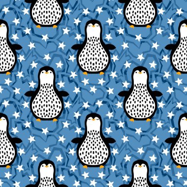 Noel hayvanları kağıt, kumaş, çarşaf, çocuk giysisi baskısı, yeni yıl ambalajı ve Noel kış ambalajı için kusursuz penguen desenleri. Yüksek kaliteli illüstrasyon