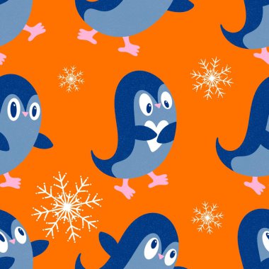 Noel hayvanları kağıt, kumaş, çarşaf, çocuk giysisi baskısı, yeni yıl ambalajı ve Noel kış ambalajı için kusursuz penguen desenleri. Yüksek kaliteli illüstrasyon