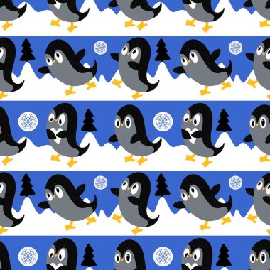 Noel hayvanları kağıt, kumaş, çarşaf, çocuk giysisi baskısı, yeni yıl ambalajı ve Noel kış ambalajı için kusursuz penguen desenleri. Yüksek kaliteli illüstrasyon