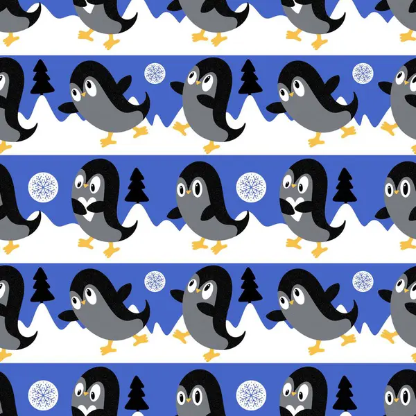 Noel hayvanları kağıt, kumaş, çarşaf, çocuk giysisi baskısı, yeni yıl ambalajı ve Noel kış ambalajı için kusursuz penguen desenleri. Yüksek kaliteli illüstrasyon