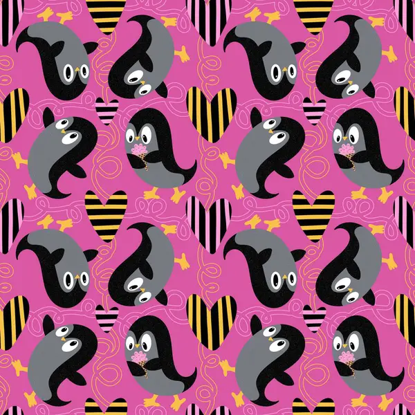 Noel hayvanları kağıt, kumaş, çarşaf, çocuk giysisi baskısı, yeni yıl ambalajı ve Noel kış ambalajı için kusursuz penguen desenleri. Yüksek kaliteli illüstrasyon