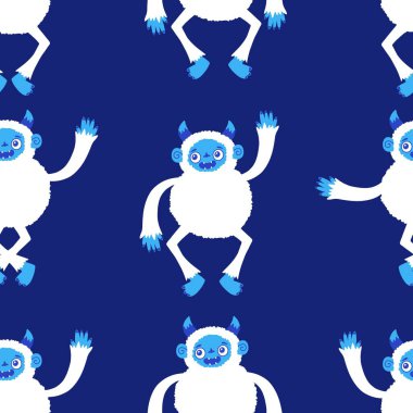 Kış canavarları, kağıt, kumaş, çarşaf ve çocuk giysileri baskısı ve yeni yıl ambalajı için kusursuz Noel Yeti desenleri. Yüksek kaliteli illüstrasyon