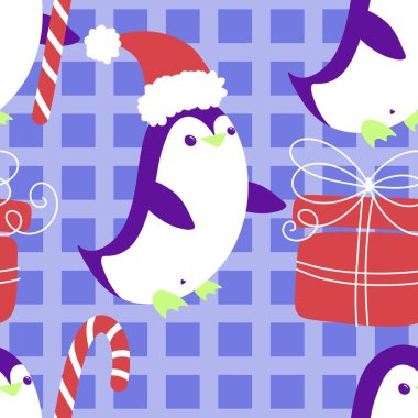 Noel hayvanları kağıt, kumaş, çarşaf, çocuk giysisi baskısı, yeni yıl ambalajı ve Noel kış ambalajı için kusursuz penguen desenleri. Yüksek kaliteli illüstrasyon