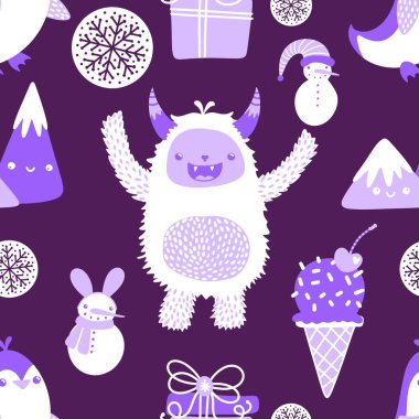 Kış canavarları, kağıt, kumaş, çarşaf ve çocuk giysileri baskısı ve yeni yıl ambalajı için kusursuz Noel Yeti desenleri. Yüksek kaliteli illüstrasyon