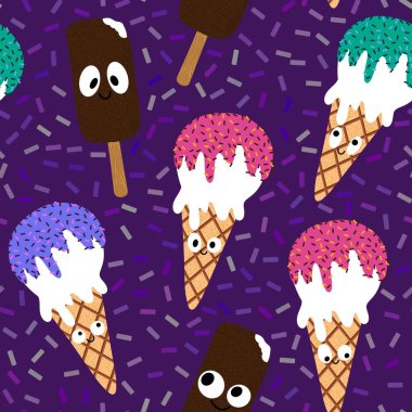 Kağıt, kumaş, çarşaf, çocuk giysisi baskısı ve yeni yıl partisi aksesuarları için kusursuz Noel dondurması deseni. Yüksek kaliteli illüstrasyon