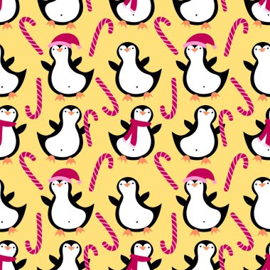 Noel hayvanları kağıt, kumaş, çarşaf, çocuk giysisi baskısı, yeni yıl ambalajı ve Noel kış ambalajı için kusursuz penguen desenleri. Yüksek kaliteli illüstrasyon