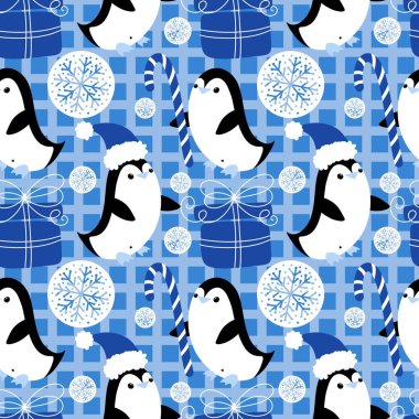 Noel hayvanları kağıt, kumaş, çarşaf, çocuk giysisi baskısı, yeni yıl ambalajı ve Noel kış ambalajı için kusursuz penguen desenleri. Yüksek kaliteli illüstrasyon