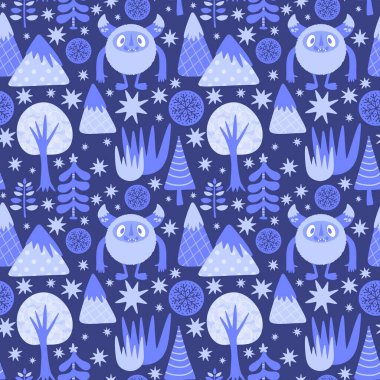 Kış canavarları, kağıt, kumaş, çarşaf ve çocuk giysileri baskısı ve yeni yıl ambalajı için kusursuz Noel Yeti desenleri. Yüksek kaliteli illüstrasyon