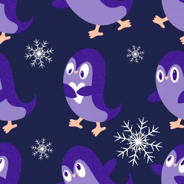 Noel hayvanları kağıt, kumaş, çarşaf, çocuk giysisi baskısı, yeni yıl ambalajı ve Noel kış ambalajı için kusursuz penguen desenleri. Yüksek kaliteli illüstrasyon