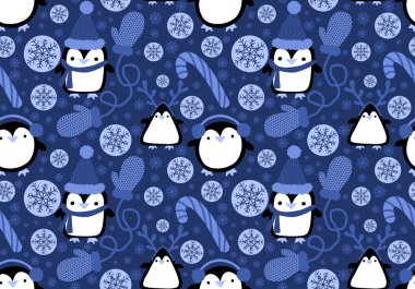 Noel hayvanları kağıt, kumaş, çarşaf, çocuk giysisi baskısı, yeni yıl ambalajı ve Noel kış ambalajı için kusursuz penguen desenleri. Yüksek kaliteli illüstrasyon