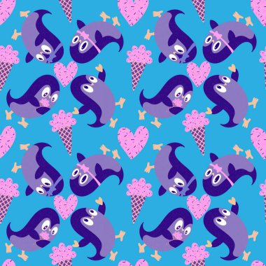 Noel hayvanları kağıt, kumaş, çarşaf, çocuk giysisi baskısı, yeni yıl ambalajı ve Noel kış ambalajı için kusursuz penguen desenleri. Yüksek kaliteli illüstrasyon